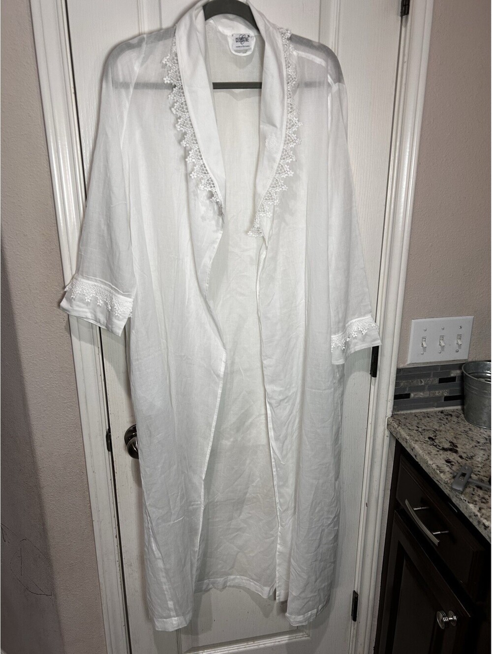 Vintage Celestine Germany White Sheer Cotton Gauze Lace Robe Duster NO BELT